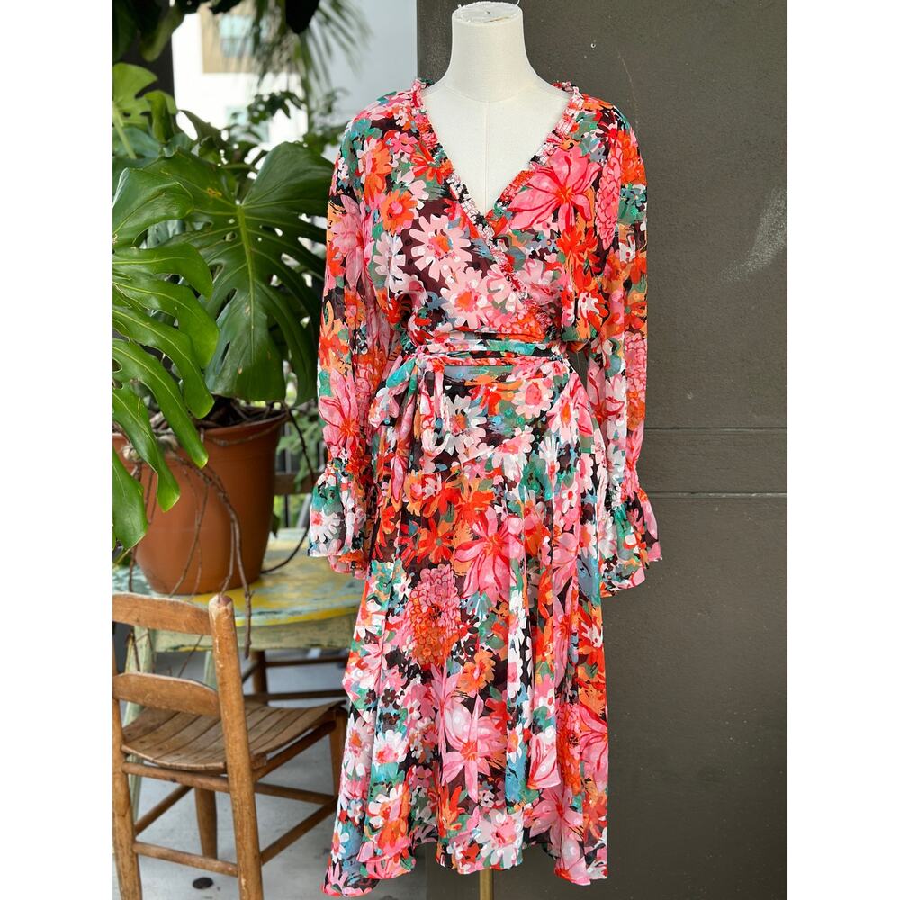 NEW Tahari ASL Women’s 24W Floral-Print Faux-Wrap Dress Chiffon 3/4 Sleeve Chic